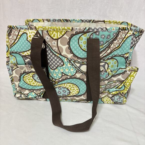 Thirty One Organizing Utility Tote Green Blue Harvest Floral 15 x 10 x 6 Pockets - Picture 2 of 5